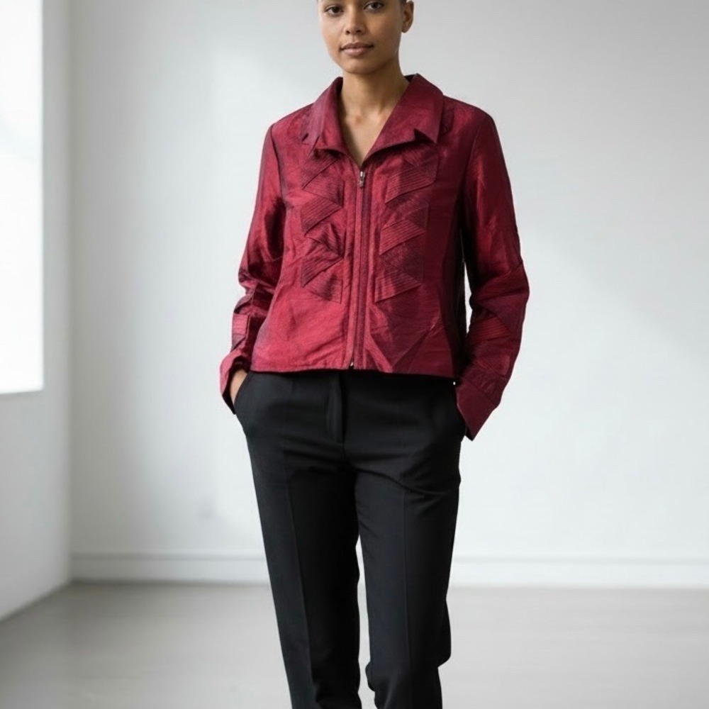 Vintage Samuel Dong‎ Silk Pleated Zip Up Jacket Burgundy Iridescent NWT Medium